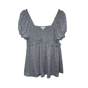 Mittoshop Blue Floral Smocked Puff Sleeve Peplum Top Large Babydoll Milkmaid